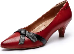 Mona flying Womens Leather Elegant Pointed Toe Bowknot Pumps Ladies Kitten Heels Dressy Casual Office Work Shoes