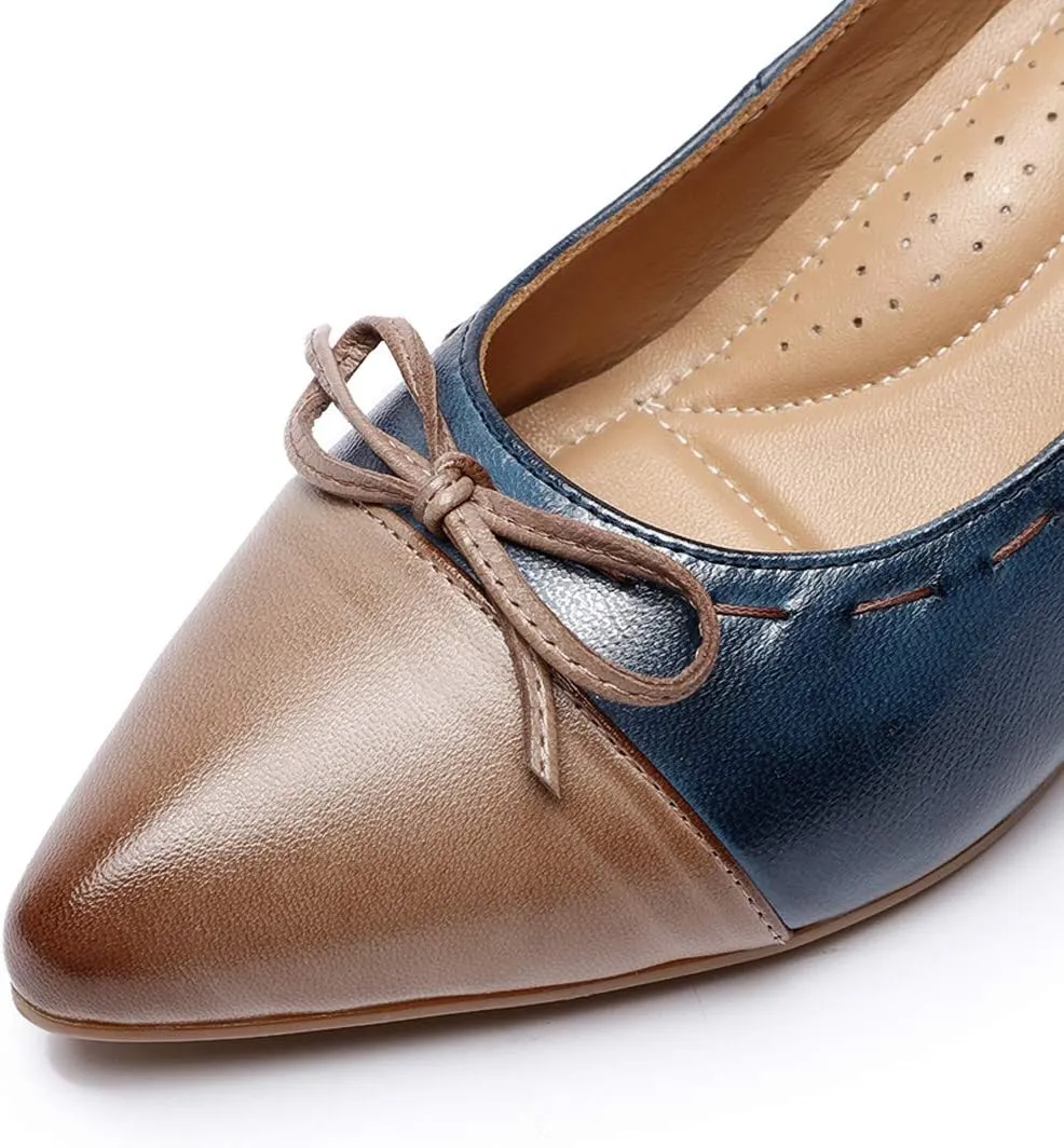 Mona flying Womens Leather Elegant Pointed Toe Bowknot Pumps Ladies Kitten Heels Dressy Casual Office Work Shoes