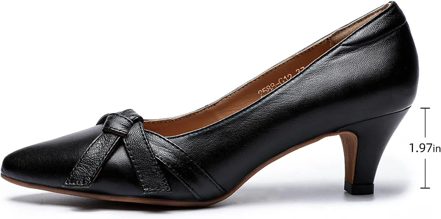 Mona flying Womens Leather Elegant Pointed Toe Bowknot Pumps Ladies Kitten Heels Dressy Casual Office Work Shoes