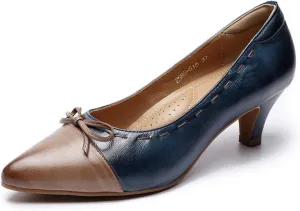 Mona flying Womens Leather Elegant Pointed Toe Bowknot Pumps Ladies Kitten Heels Dressy Casual Office Work Shoes