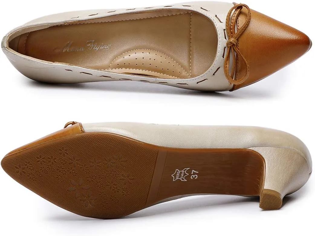 Mona flying Womens Leather Elegant Pointed Toe Bowknot Pumps Ladies Kitten Heels Dressy Casual Office Work Shoes