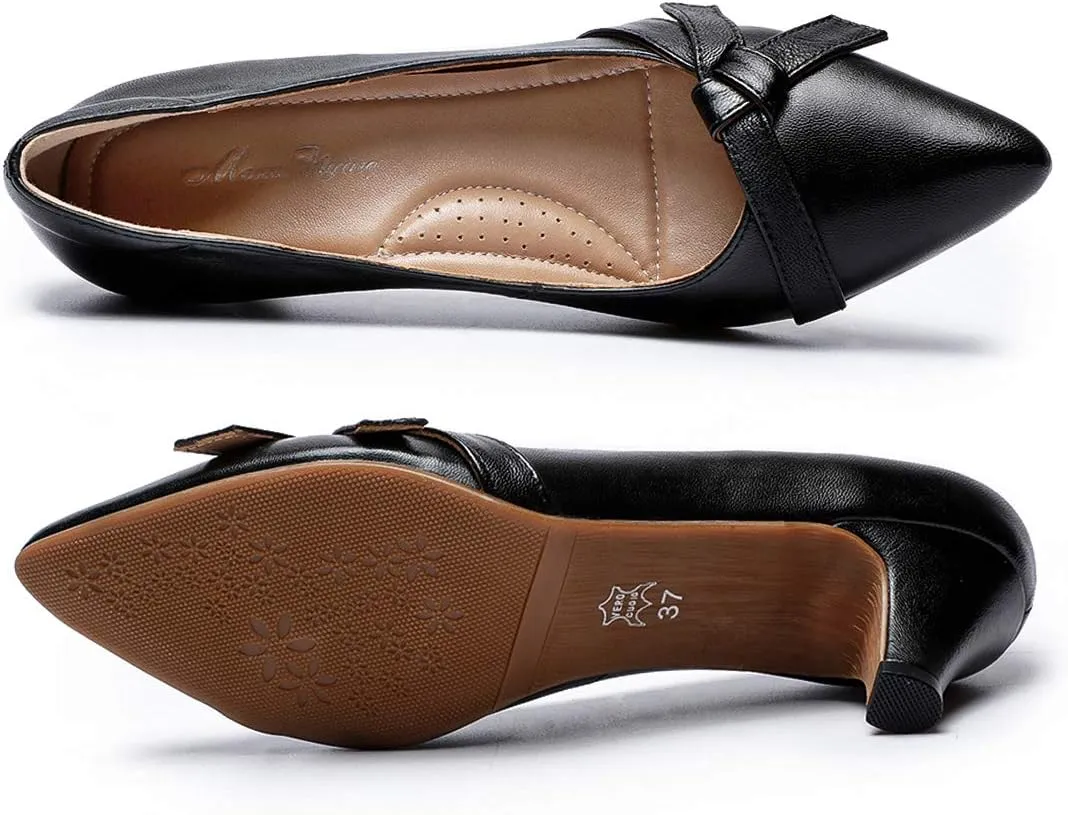 Mona flying Womens Leather Elegant Pointed Toe Bowknot Pumps Ladies Kitten Heels Dressy Casual Office Work Shoes