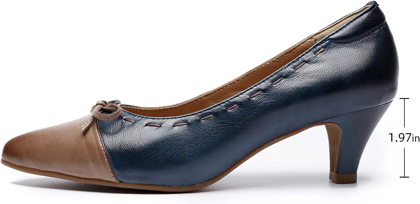 Mona flying Womens Leather Elegant Pointed Toe Bowknot Pumps Ladies Kitten Heels Dressy Casual Office Work Shoes