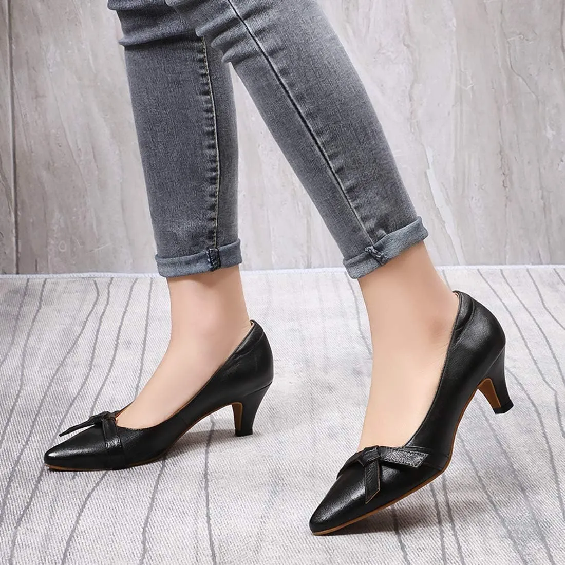 Mona flying Womens Leather Elegant Pointed Toe Bowknot Pumps Ladies Kitten Heels Dressy Casual Office Work Shoes