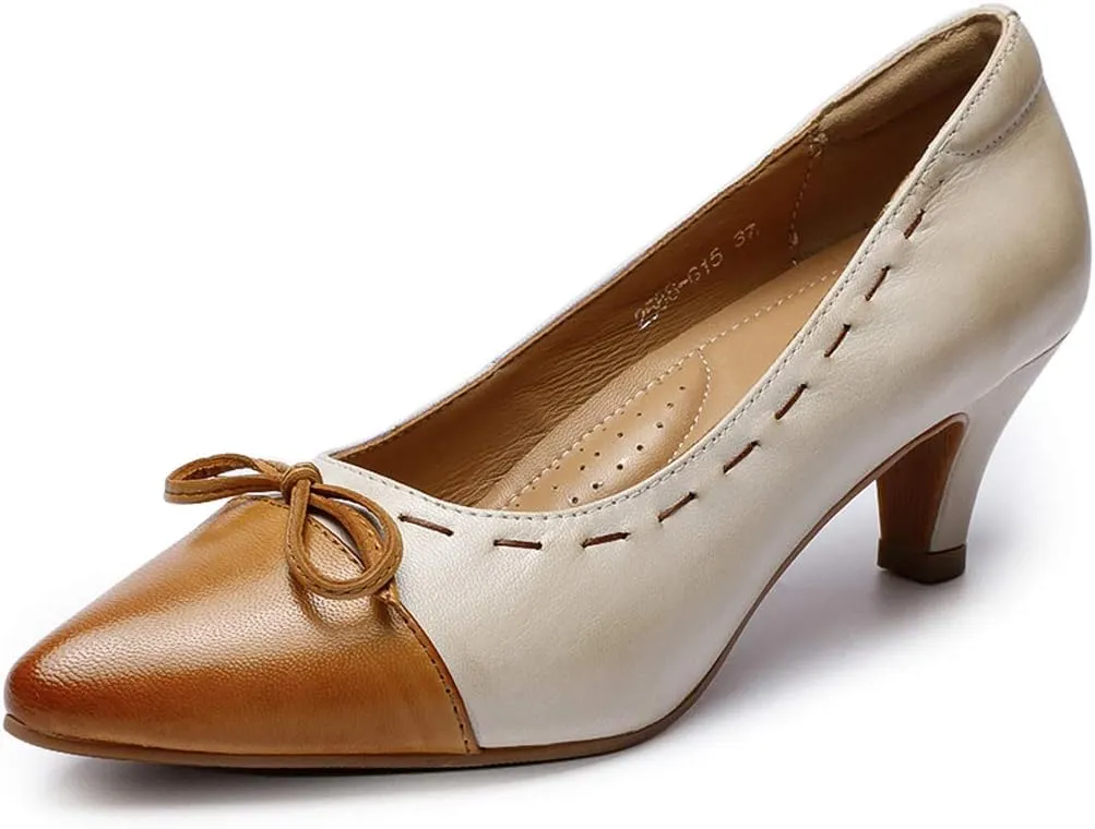 Mona flying Womens Leather Elegant Pointed Toe Bowknot Pumps Ladies Kitten Heels Dressy Casual Office Work Shoes