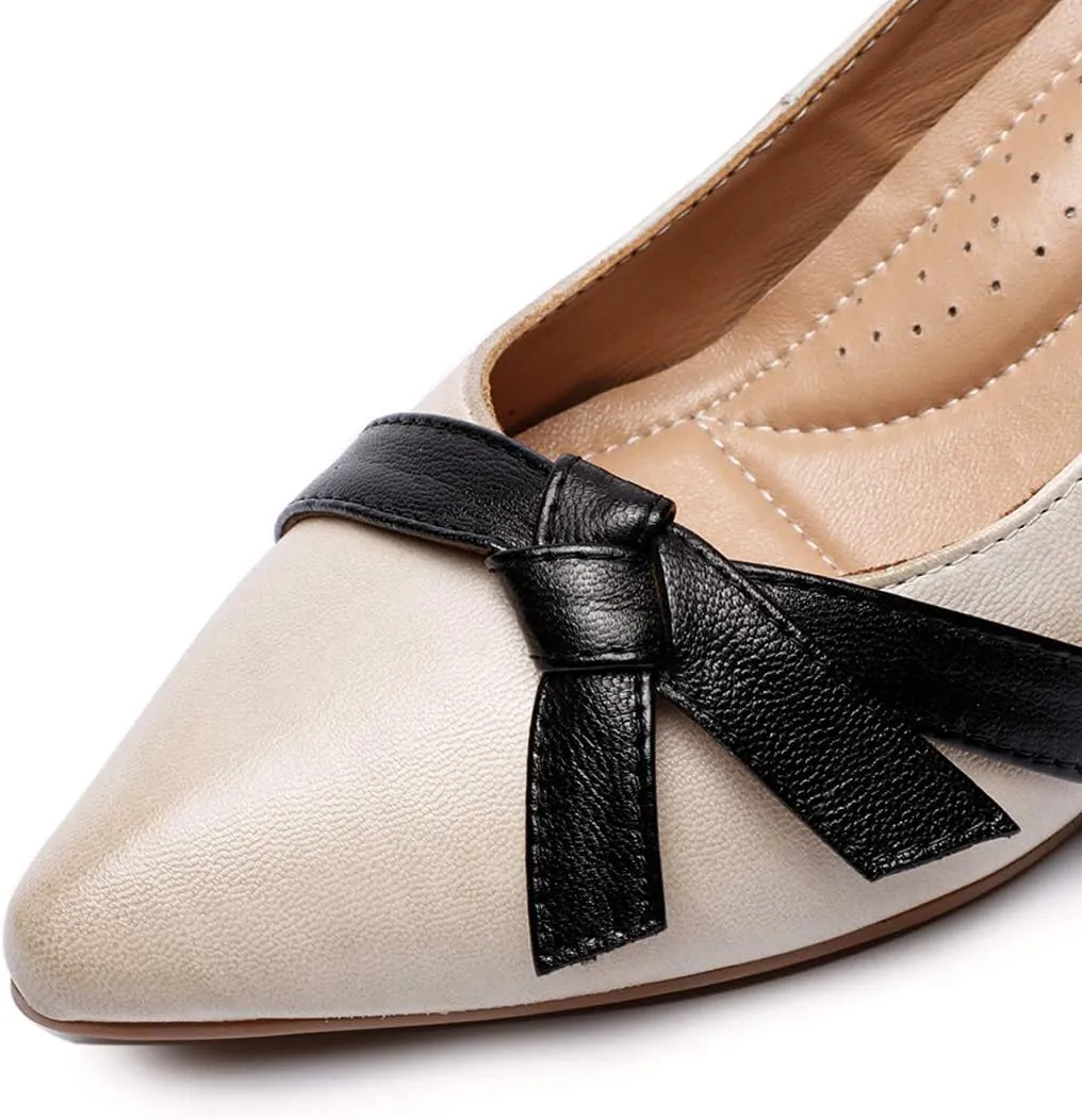 Mona flying Womens Leather Elegant Pointed Toe Bowknot Pumps Ladies Kitten Heels Dressy Casual Office Work Shoes
