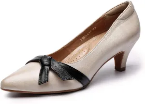 Mona flying Womens Leather Elegant Pointed Toe Bowknot Pumps Ladies Kitten Heels Dressy Casual Office Work Shoes