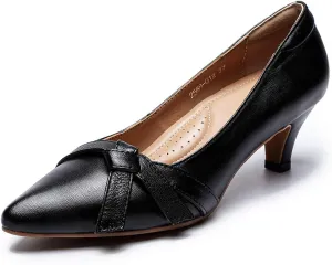 Mona flying Womens Leather Elegant Pointed Toe Bowknot Pumps Ladies Kitten Heels Dressy Casual Office Work Shoes
