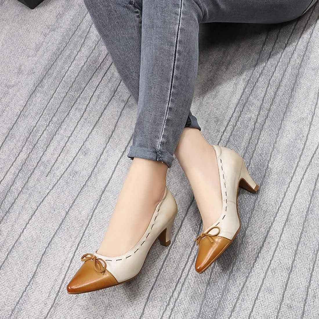 Mona flying Womens Leather Elegant Pointed Toe Bowknot Pumps Ladies Kitten Heels Dressy Casual Office Work Shoes