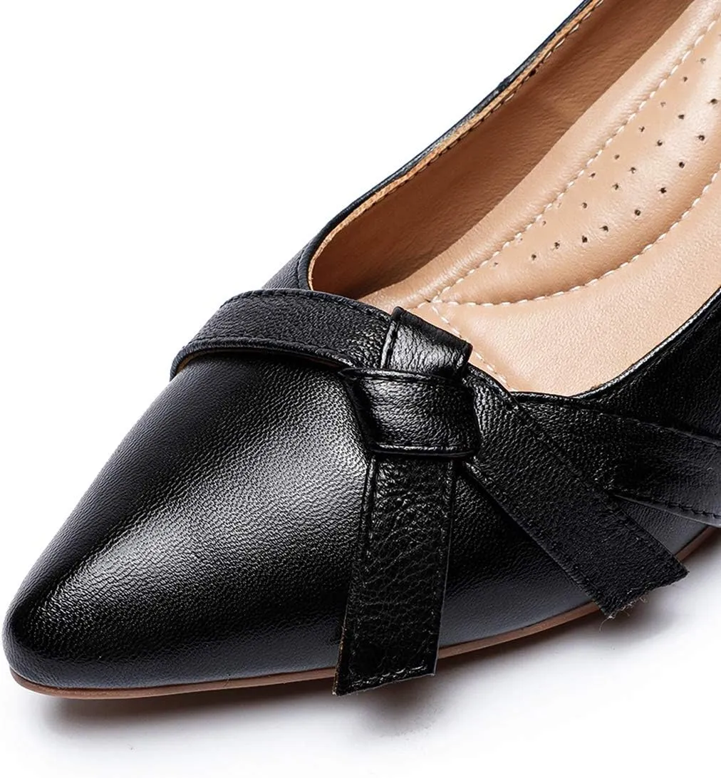 Mona flying Womens Leather Elegant Pointed Toe Bowknot Pumps Ladies Kitten Heels Dressy Casual Office Work Shoes
