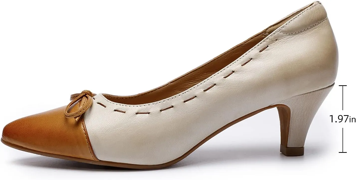 Mona flying Womens Leather Elegant Pointed Toe Bowknot Pumps Ladies Kitten Heels Dressy Casual Office Work Shoes