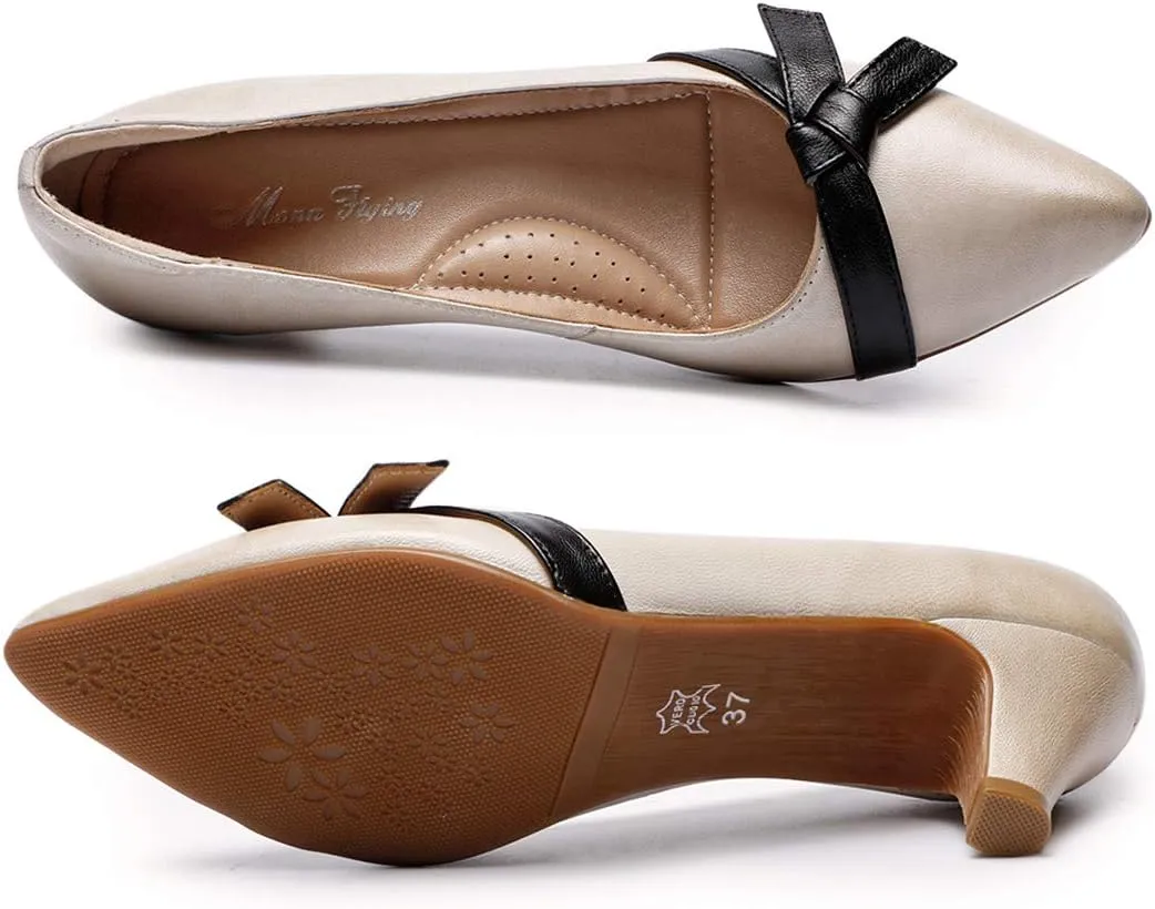 Mona flying Womens Leather Elegant Pointed Toe Bowknot Pumps Ladies Kitten Heels Dressy Casual Office Work Shoes