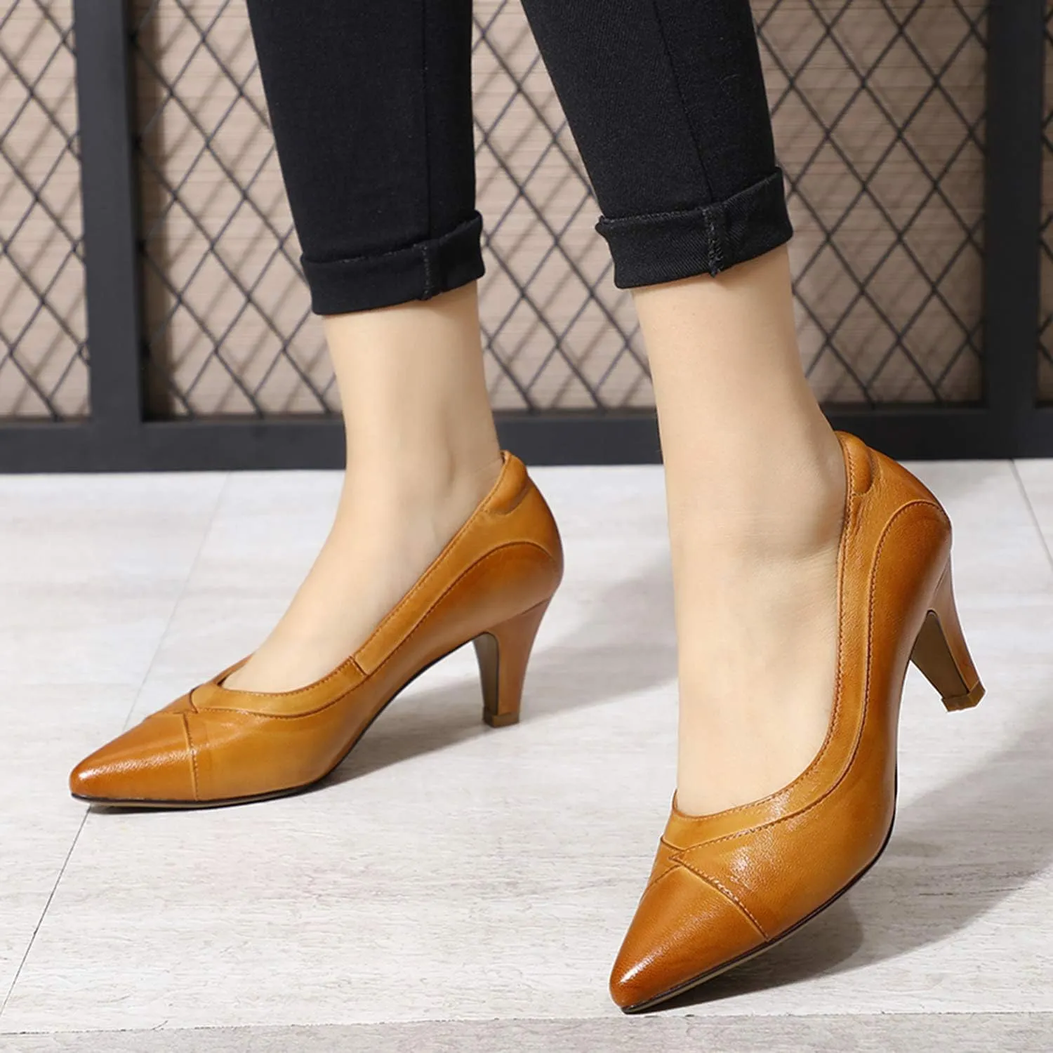 Mona flying Women's Leather Pointed Toe Dress Pumps Comfort High Heels Office Work Shoes for Ladies
