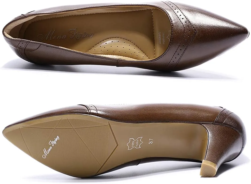 Mona flying Women's Leather Pointed Toe Dress Pumps Comfort High Heels Office Work Shoes for Ladies
