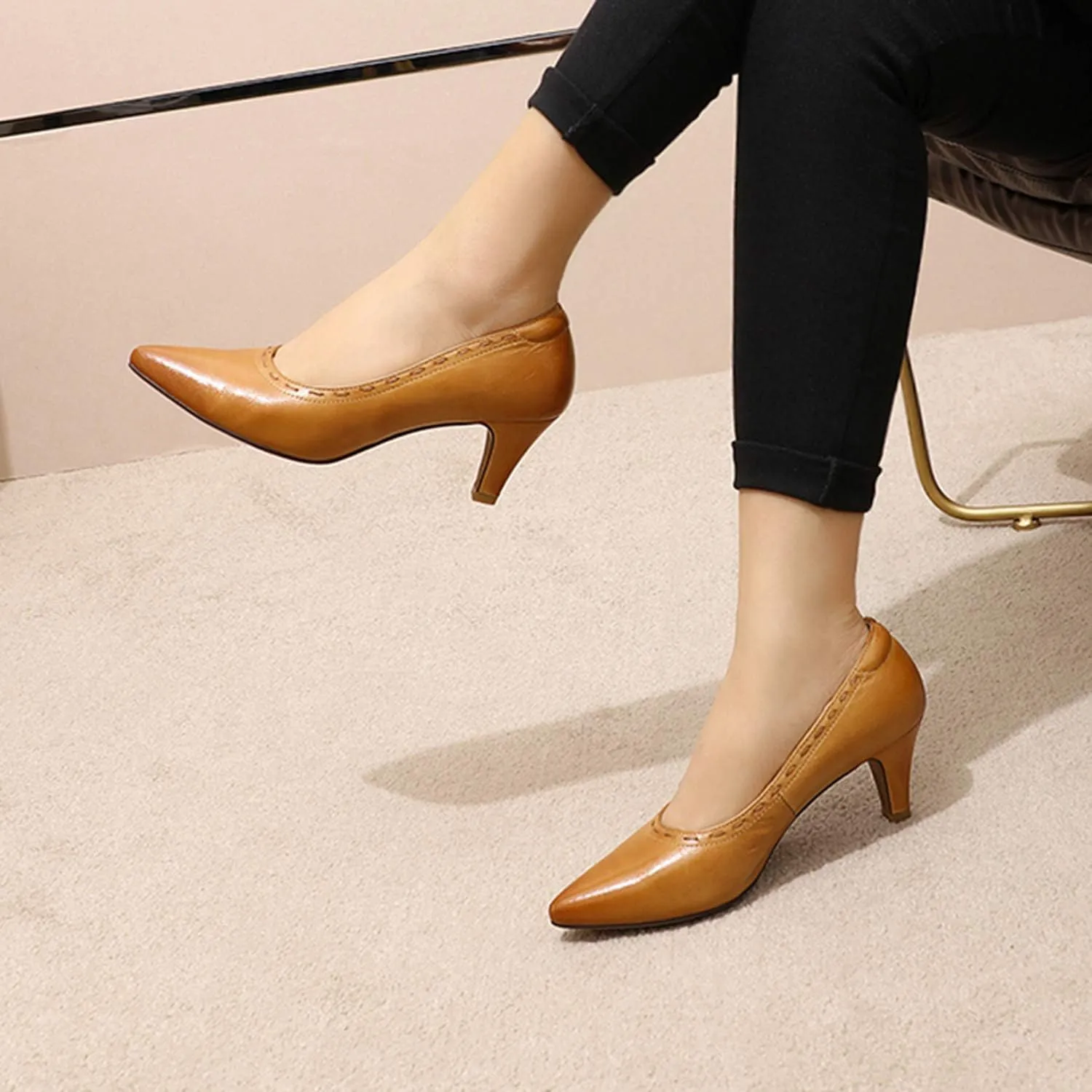 Mona flying Women's Leather Pointed Toe Dress Pumps Comfort High Heels Office Work Shoes for Ladies
