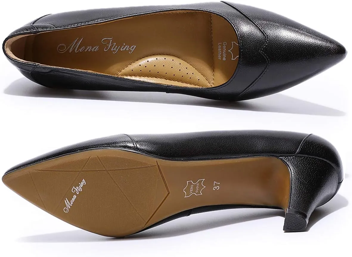 Mona flying Women's Leather Pointed Toe Dress Pumps Comfort High Heels Office Work Shoes for Ladies