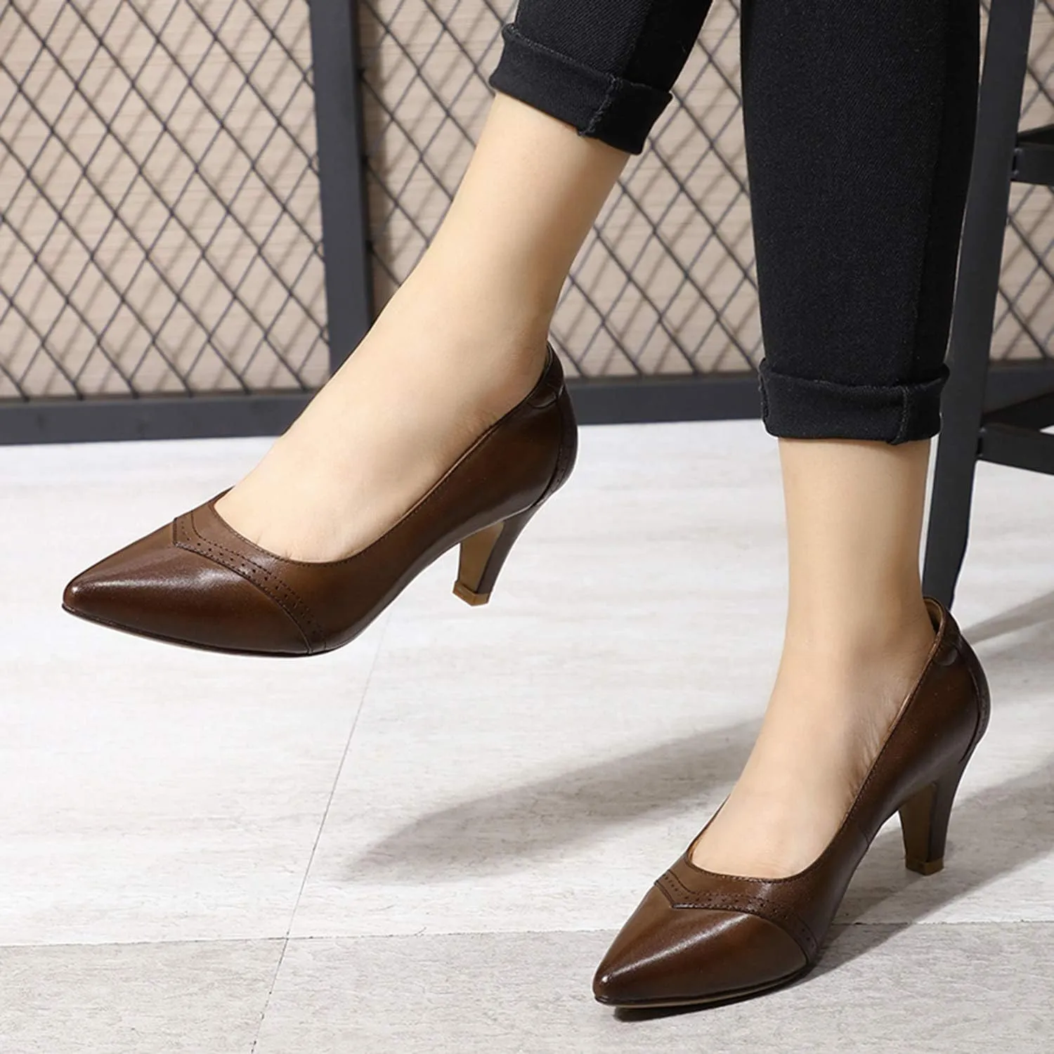 Mona flying Women's Leather Pointed Toe Dress Pumps Comfort High Heels Office Work Shoes for Ladies