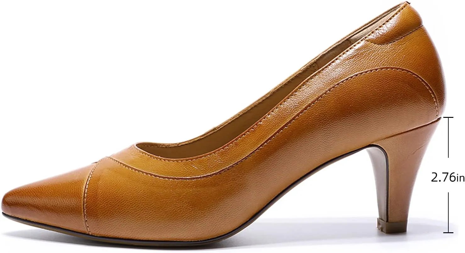 Mona flying Women's Leather Pointed Toe Dress Pumps Comfort High Heels Office Work Shoes for Ladies