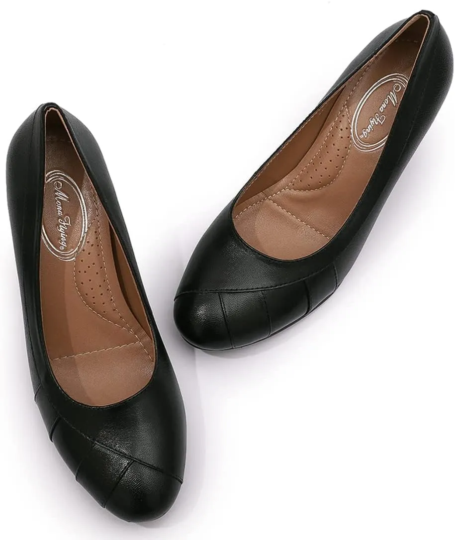 Mona flying Womens Retro Dress Pumps 7cm Chunky Heel Leather Dressy Shoes for Ladies