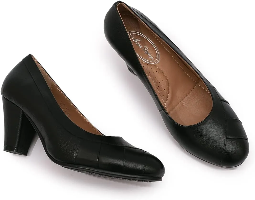 Mona flying Womens Retro Dress Pumps 7cm Chunky Heel Leather Dressy Shoes for Ladies