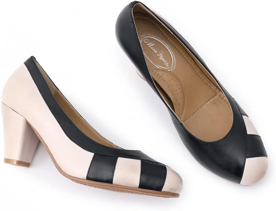 Mona flying Womens Retro Dress Pumps 7cm Chunky Heel Leather Dressy Shoes for Ladies