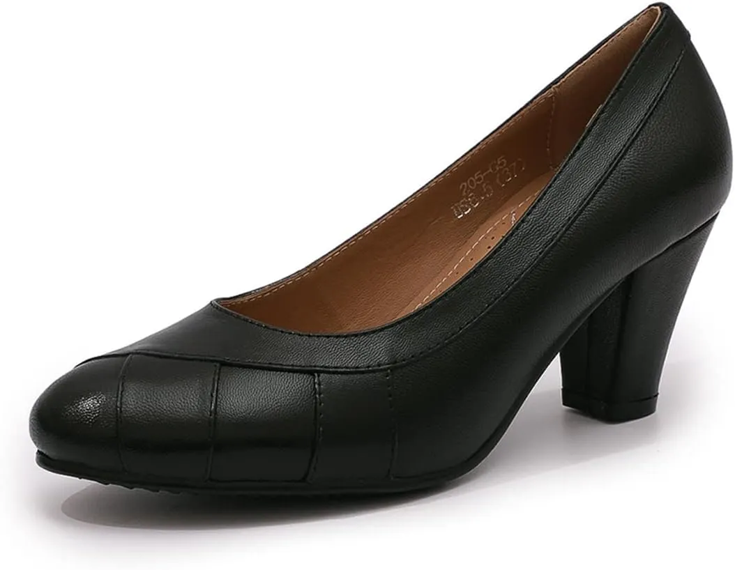 Mona flying Womens Retro Dress Pumps 7cm Chunky Heel Leather Dressy Shoes for Ladies