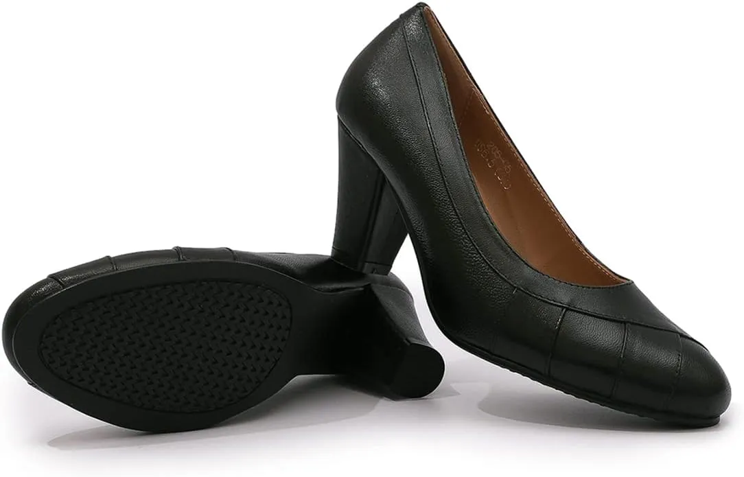 Mona flying Womens Retro Dress Pumps 7cm Chunky Heel Leather Dressy Shoes for Ladies
