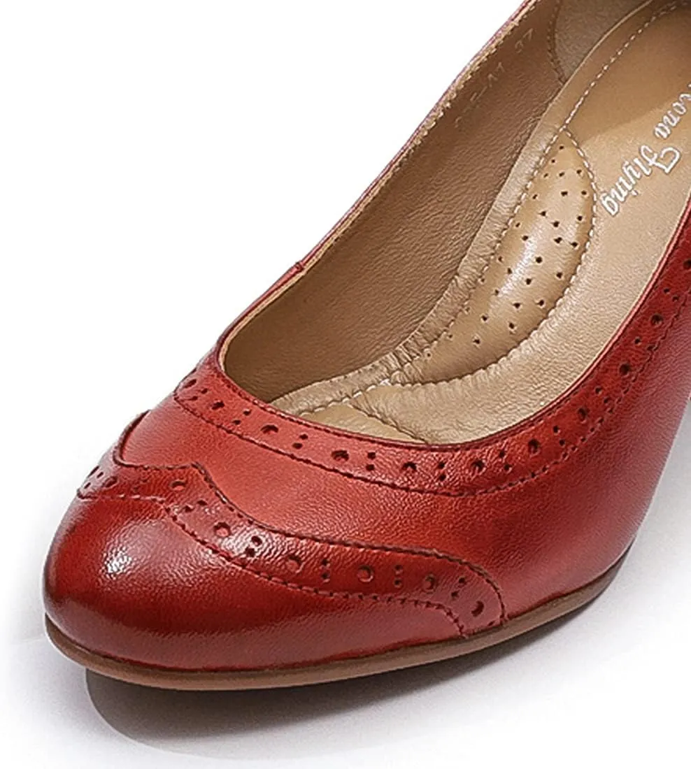 Mona flying Women's Vintage Leather Pump Chunky Heel Round Toe Office Dress Shoes for Ladies