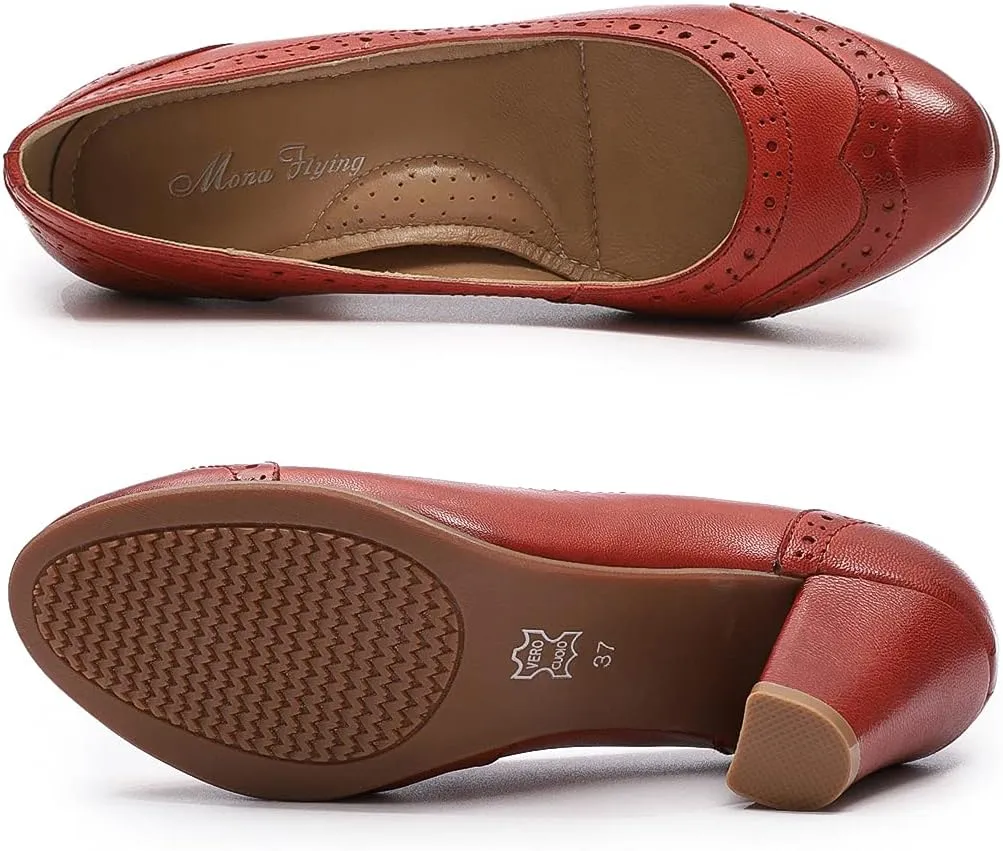 Mona flying Women's Vintage Leather Pump Chunky Heel Round Toe Office Dress Shoes for Ladies