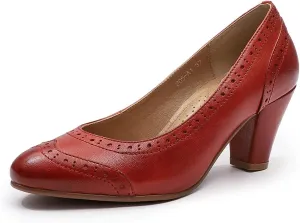 Mona flying Women's Vintage Leather Pump Chunky Heel Round Toe Office Dress Shoes for Ladies