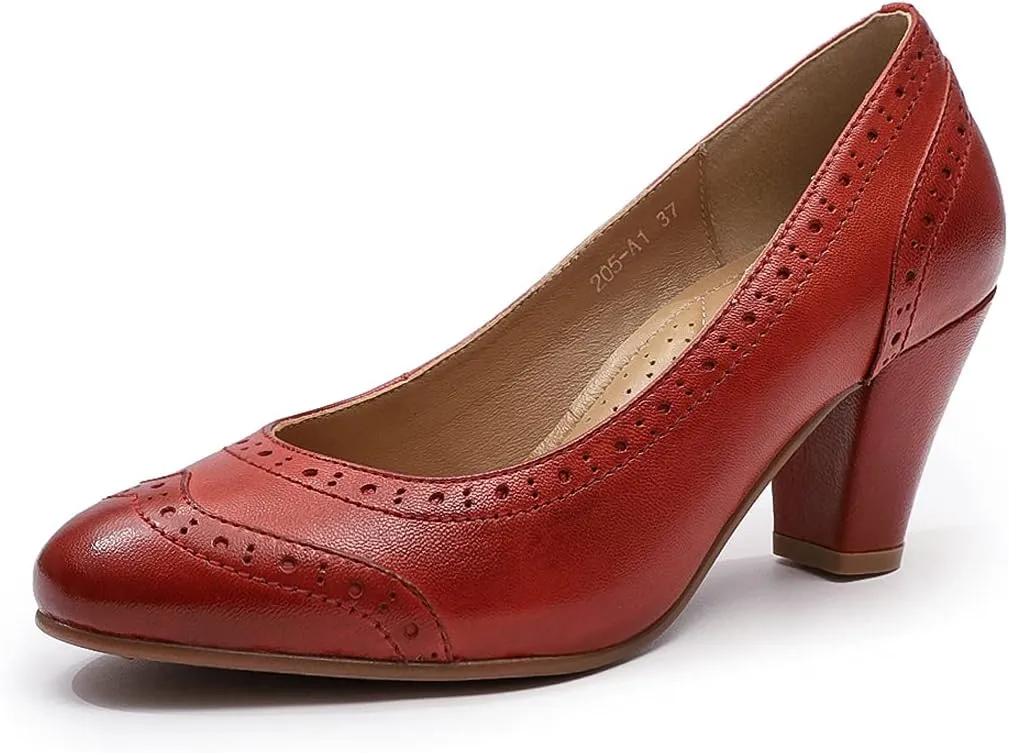 Mona flying Women's Vintage Leather Pump Chunky Heel Round Toe Office Dress Shoes for Ladies