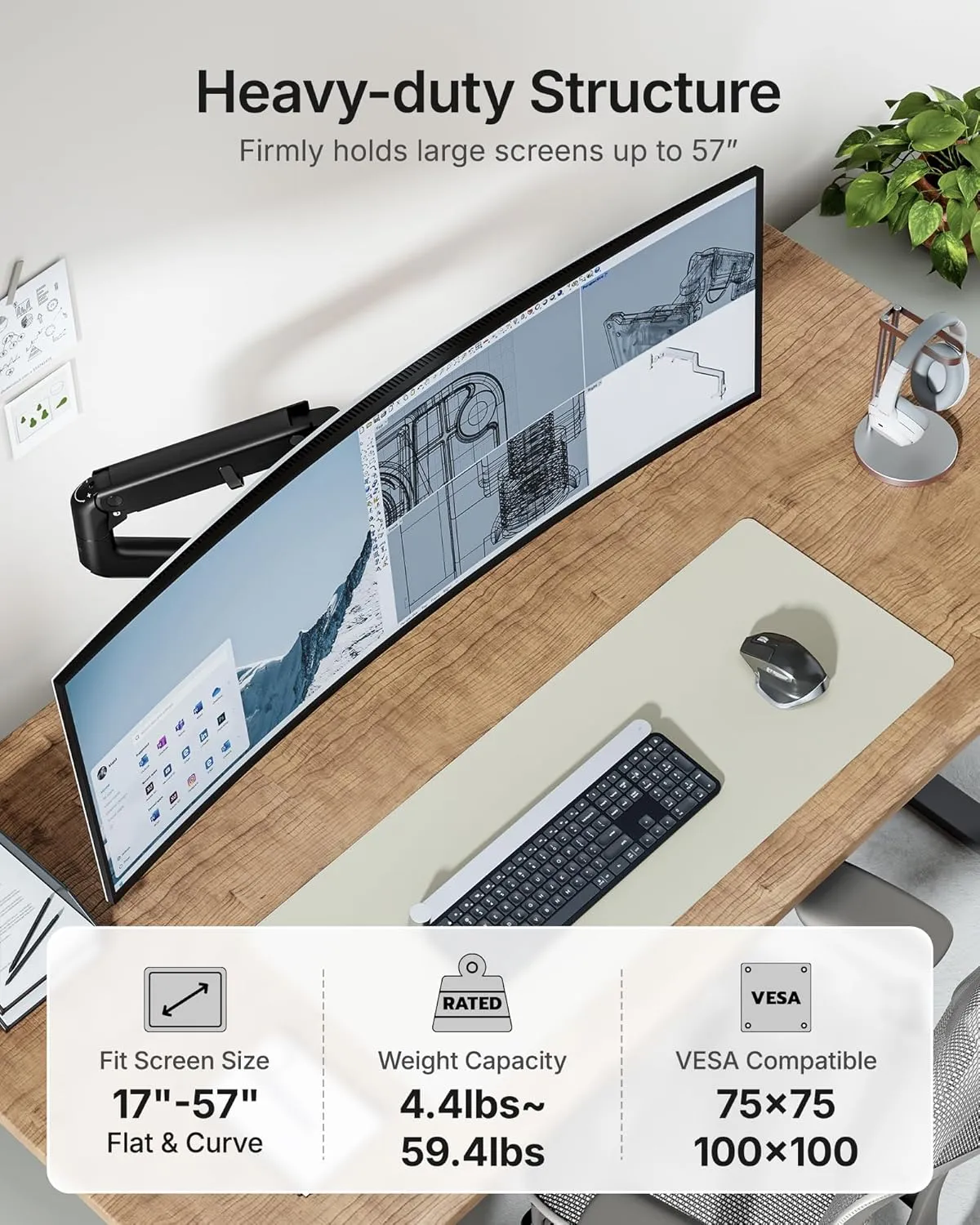 monTEK Heavy-Duty Monitor Arm for 17-57" Ultrawide Curved Screen, Supports up to 59.4 lbs, Adjustable Gas Spring Arm, 75/100 VESA Mount, Clamp & Grommet Desk Monitor Mount Single, Black