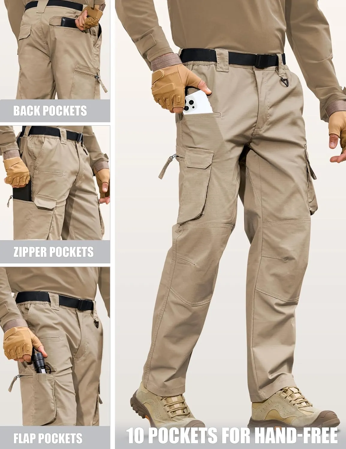 MOURCE Men's Tactical Pants Ripstop - Water-Resistant Lightweight Cargo Work Hiking Pants with 10 Pockets for Outdoor & EDC