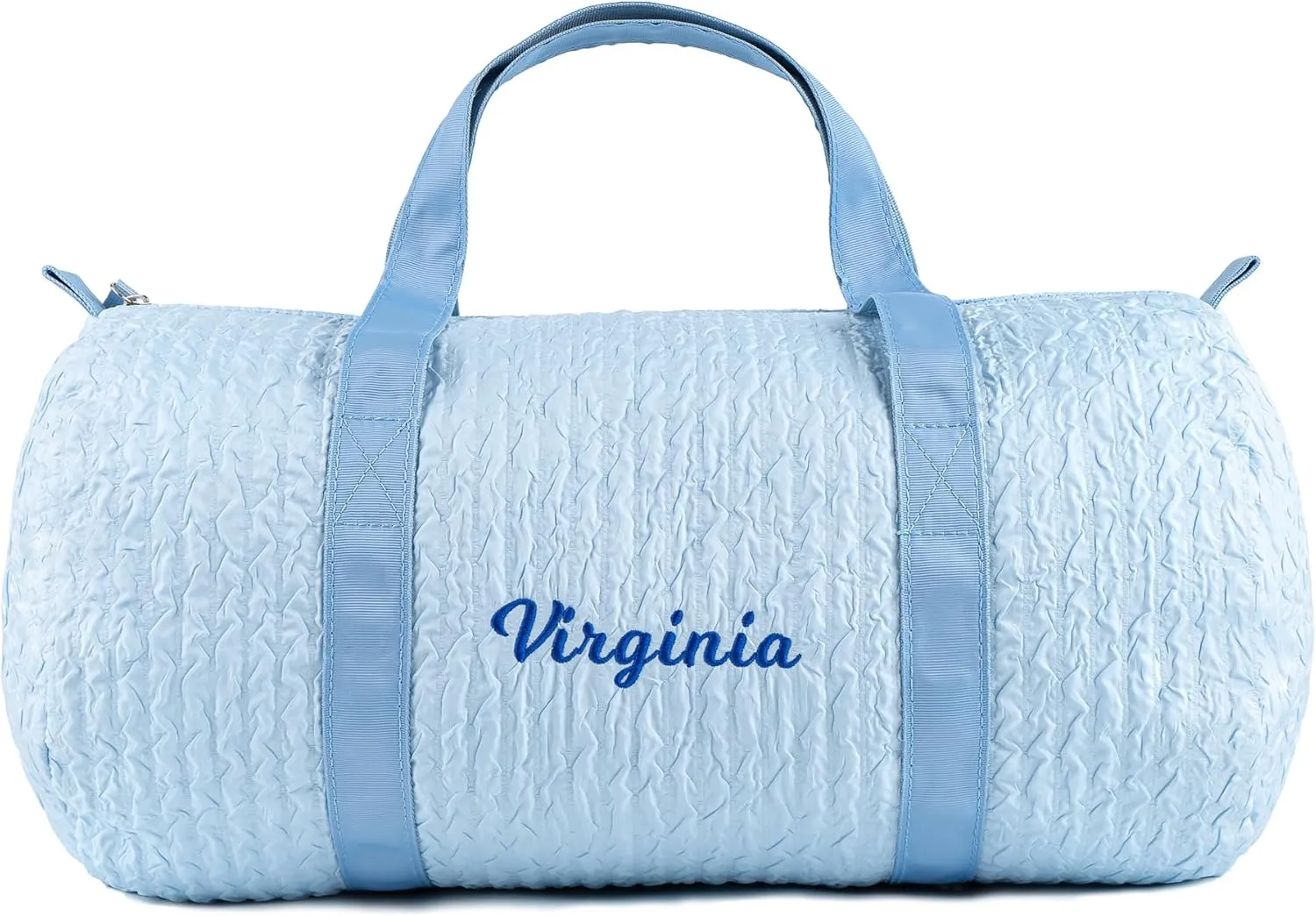 MT WORLD Kids Duffle Bag - Personalized Travel Overnight Duffle with Name - Custom Seersucker Baby Daycare Barrel Bag Custom Child Gifts for Birthday Summer Trips Baby Shower (Blue)