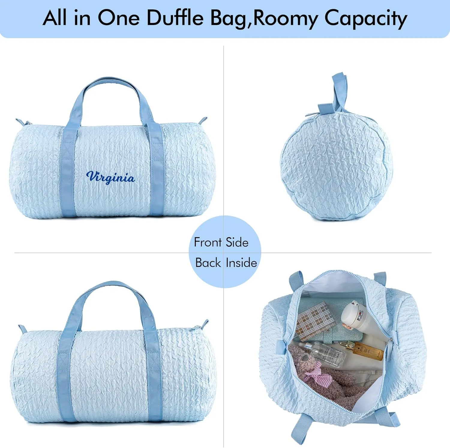 MT WORLD Kids Duffle Bag - Personalized Travel Overnight Duffle with Name - Custom Seersucker Baby Daycare Barrel Bag Custom Child Gifts for Birthday Summer Trips Baby Shower (Blue)