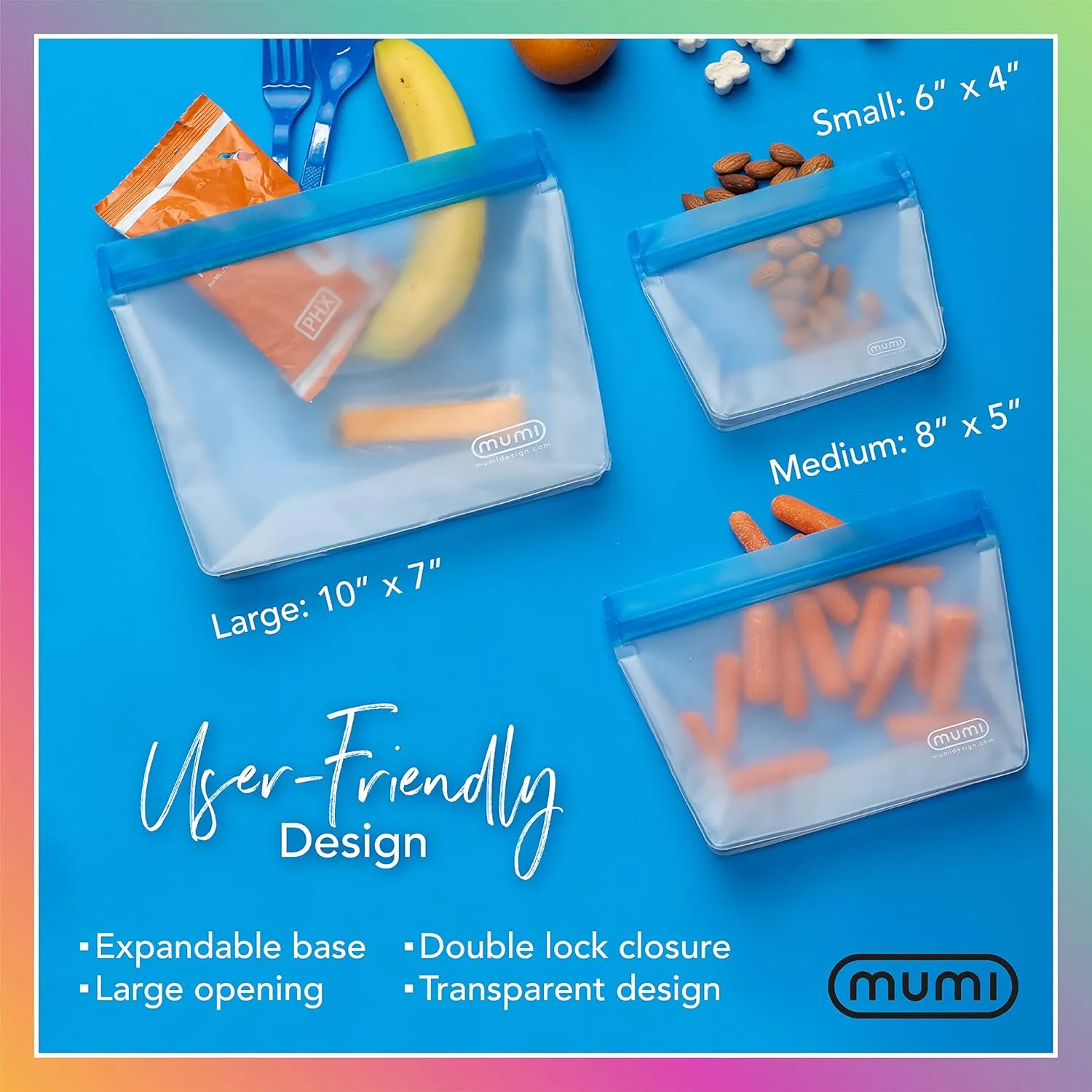 MUMI Reusable Zip Up Bags - Food Storage Bags Travel Organizer - Airtight and Leak-proof Ziplock Bags - Set of 3 Reusable Bags with Zipper - Aqua
