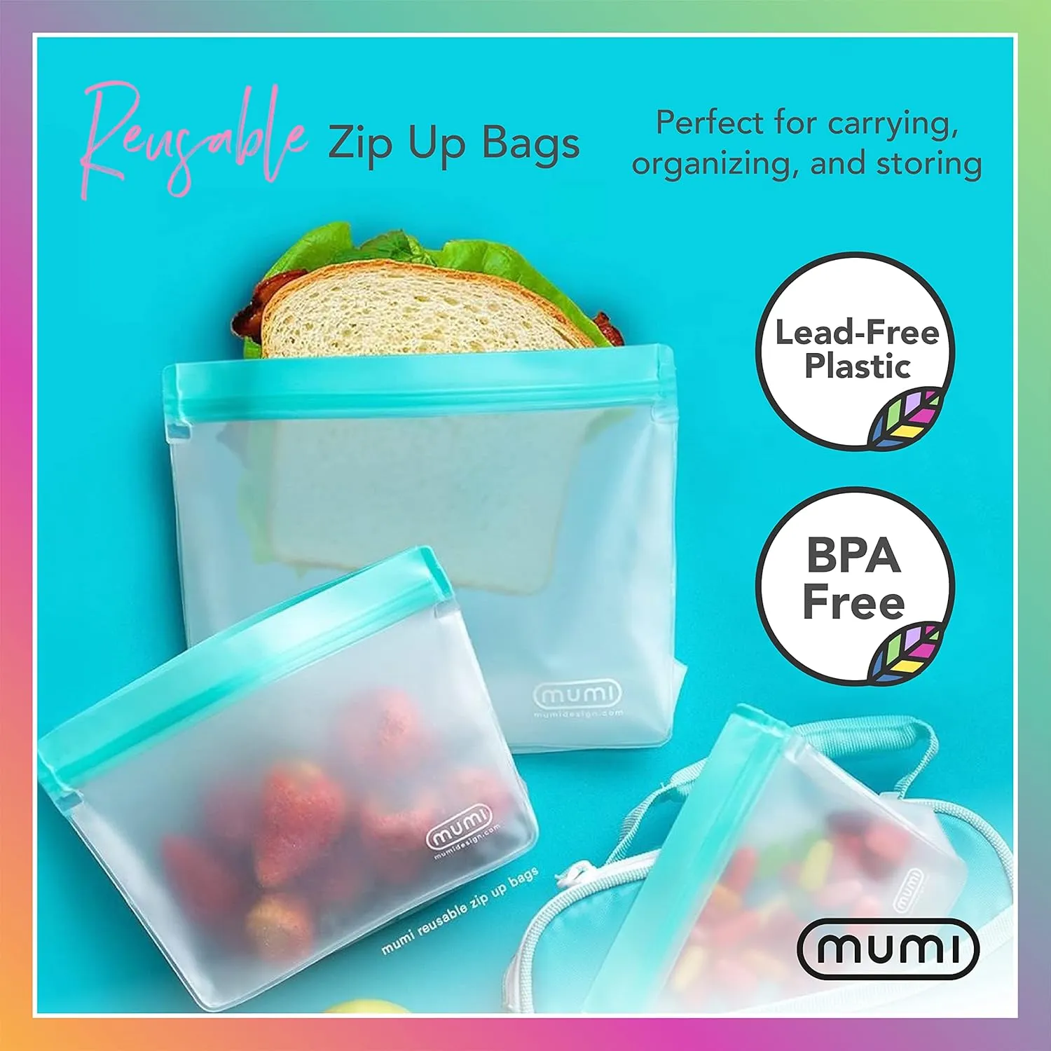 MUMI Reusable Zip Up Bags - Food Storage Bags Travel Organizer - Airtight and Leak-proof Ziplock Bags - Set of 3 Reusable Bags with Zipper - Aqua