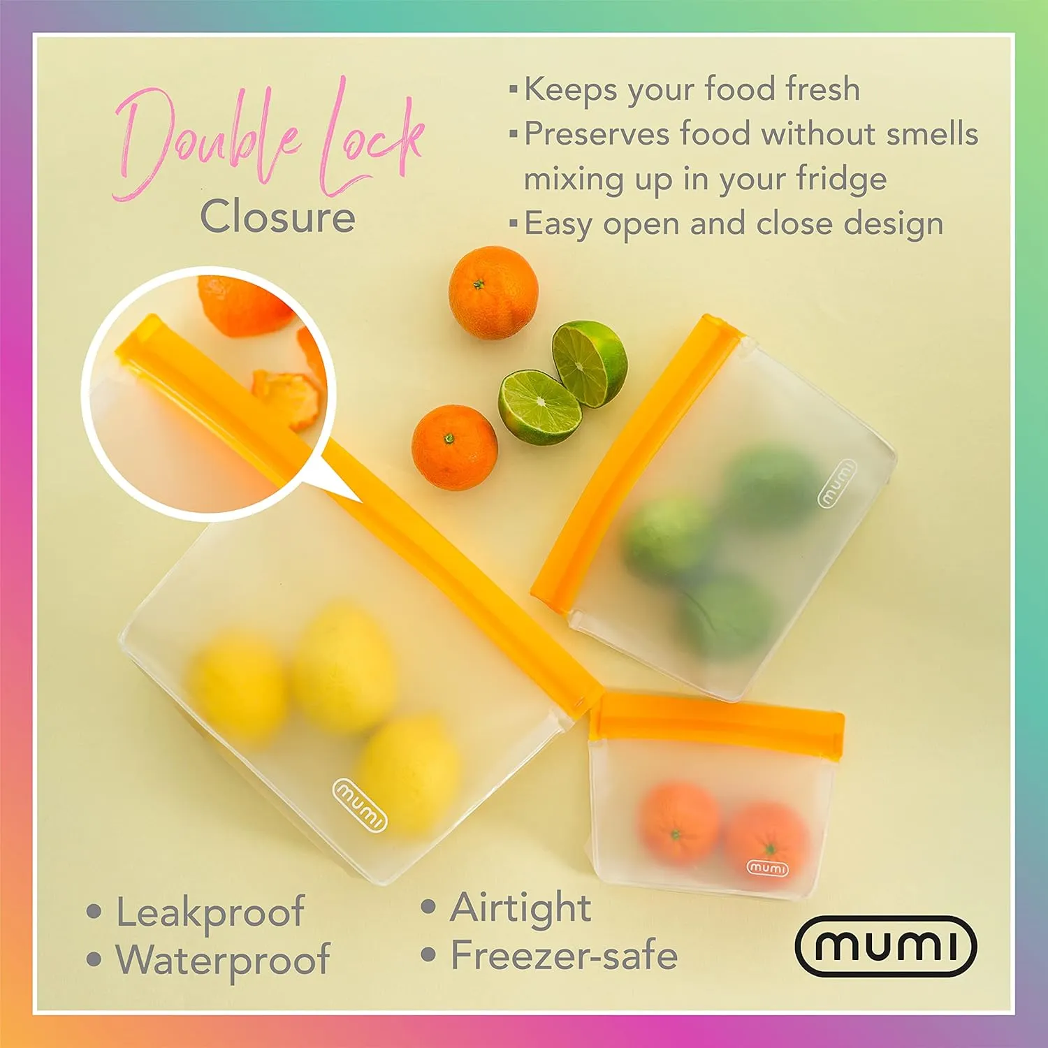 MUMI Reusable Zip Up Bags - Food Storage Bags Travel Organizer - Airtight and Leak-proof Ziplock Bags - Set of 3 Reusable Bags with Zipper - Aqua