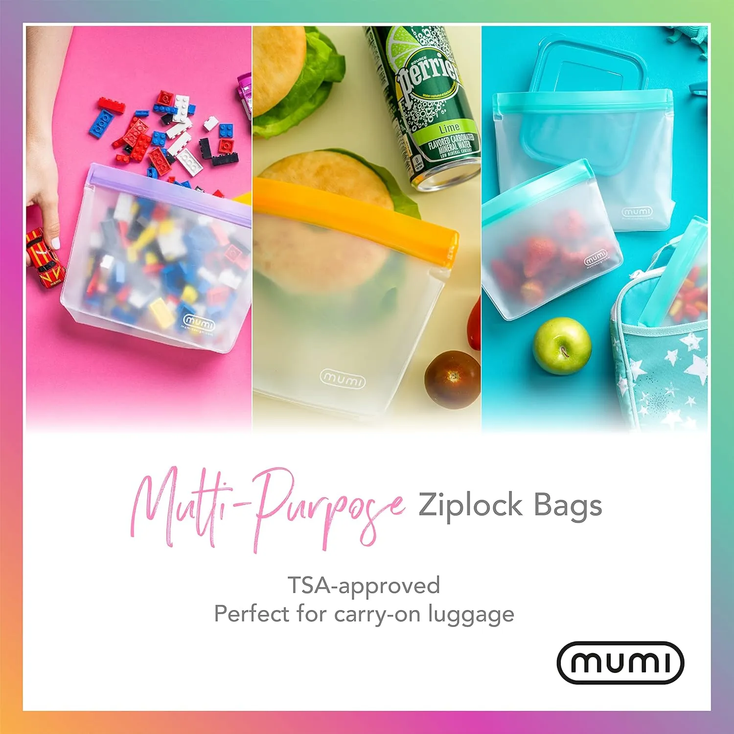 MUMI Reusable Zip Up Bags - Food Storage Bags Travel Organizer - Airtight and Leak-proof Ziplock Bags - Set of 3 Reusable Bags with Zipper - Aqua