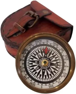 Nautical Vintage Brass Antique Compass W Leather Case
