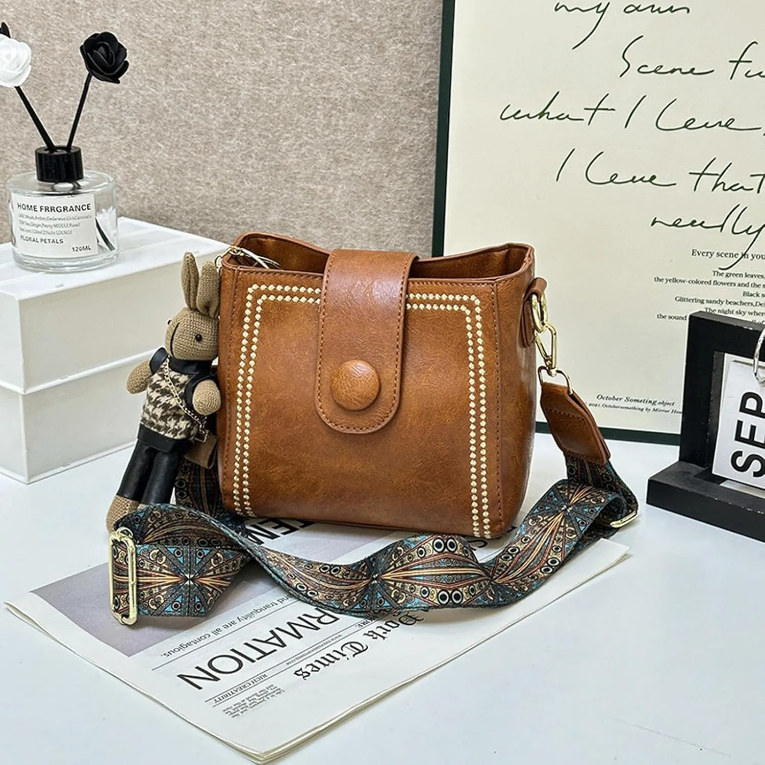 NEBIL Vintage Bucket Bag, Women's Crossbody Bags, Bootara Bucket Bag, Vintage Shoulder Bag with Adjustable Widened Strap