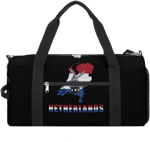Netherlands Map Flag with Windmill Unisex Gym Bag Waterproof Sports Duffels Travel Gear With Laundry Shoe Compartment
