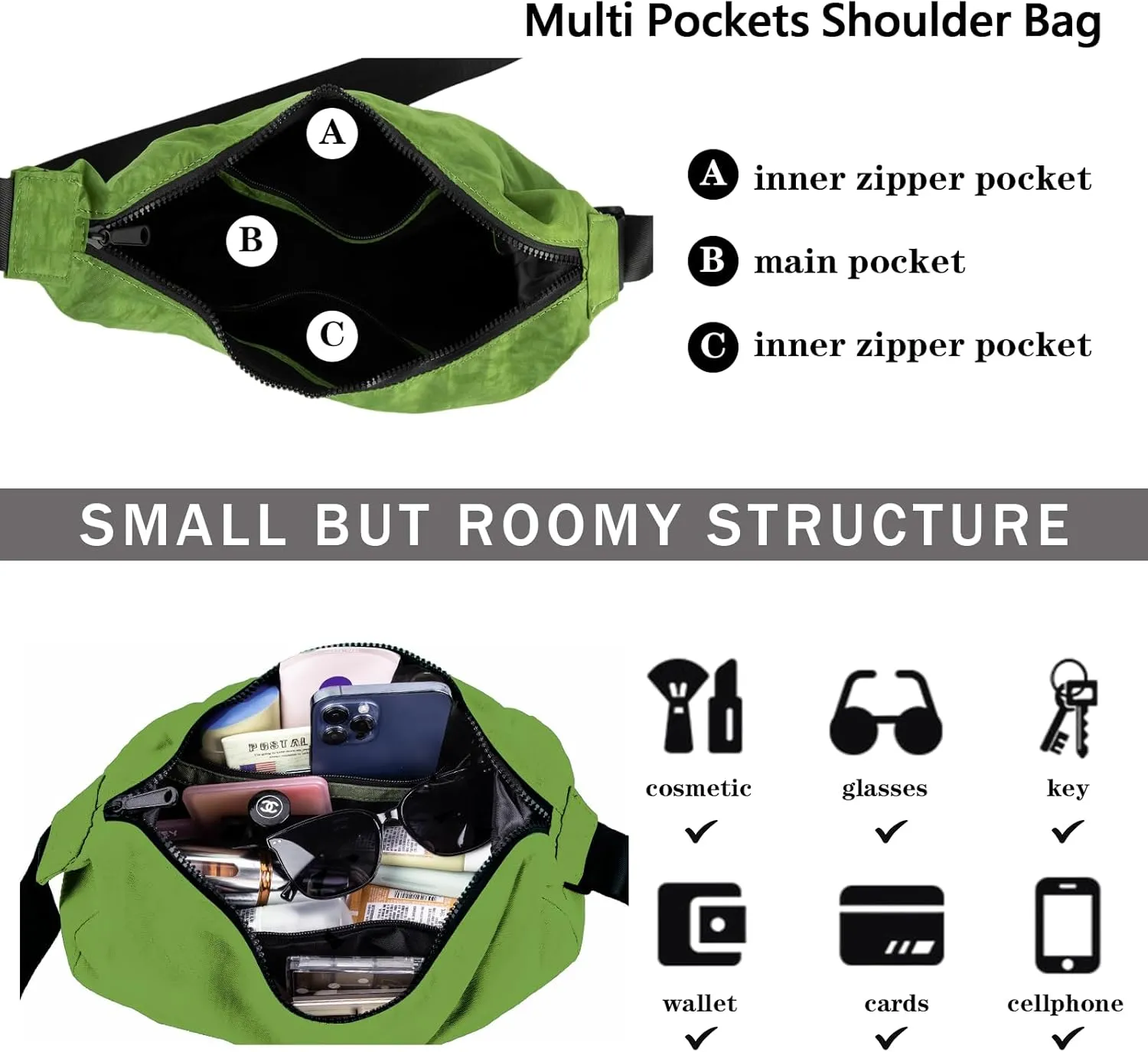 Nylon Crescent Shoulder Bag for Women Men,Crossbody Bag with Adjustable Strap&Dual Interior Zip Pocket