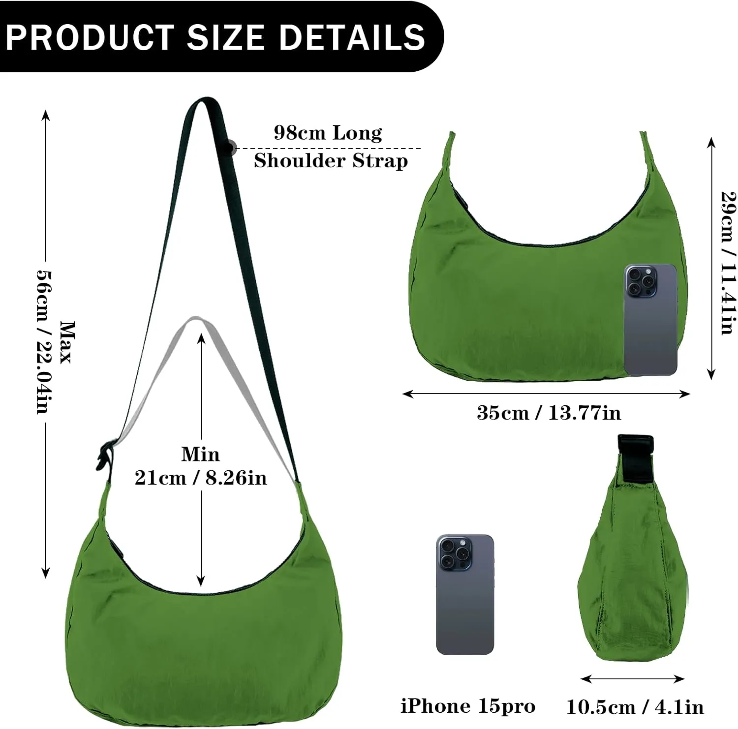 Nylon Crescent Shoulder Bag for Women Men,Crossbody Bag with Adjustable Strap&Dual Interior Zip Pocket