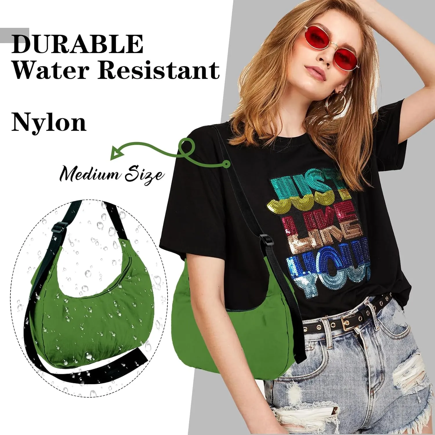 Nylon Crescent Shoulder Bag for Women Men,Crossbody Bag with Adjustable Strap&Dual Interior Zip Pocket