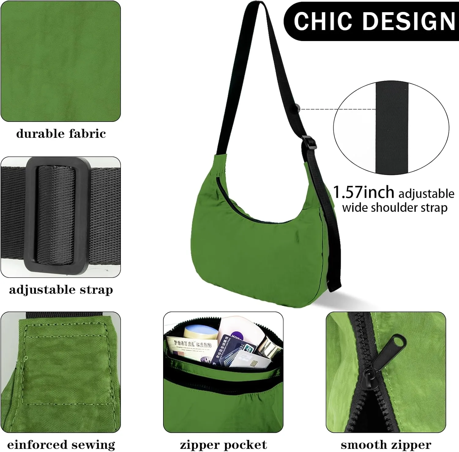 Nylon Crescent Shoulder Bag for Women Men,Crossbody Bag with Adjustable Strap&Dual Interior Zip Pocket