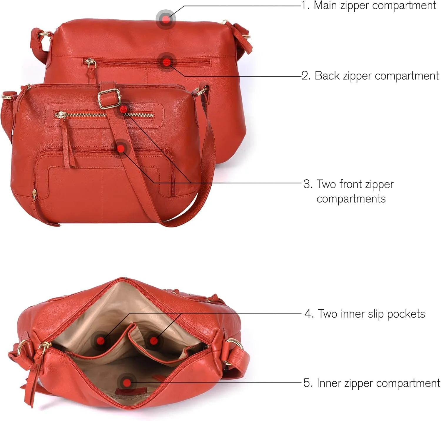 Oak Leathers Women's Crossbody Bag - Genuine Leather Crossover Shoulder Purse With Adjustable Sling Strap - Medium Size