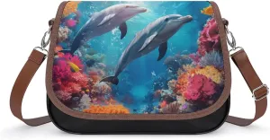 Ocean Dolphin Crossbody Bags for Women Leather Tote Bag Handbag Purse for Work Travel