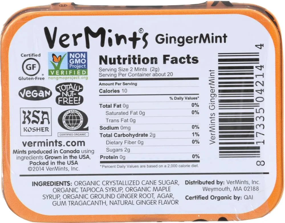 Organic Breath Mints by VerMints, GingerMint Flavor, All Natural, Non-GMO, Nut Free, Gluten Free, Vegan, KSA Kosher, Pack of 6, 1.41oz Tins