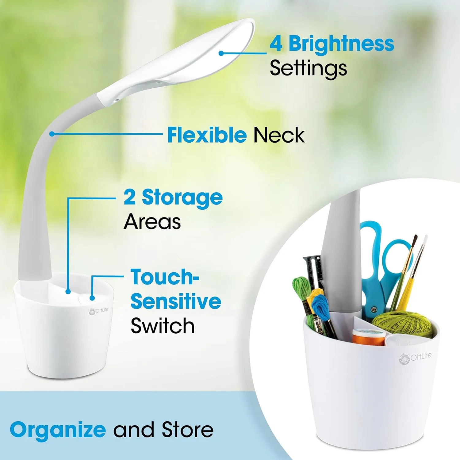 OttLite LED Desk Space Organizer Lamp - 4 Brightness Levels, Additional Storage, Great for Workstation, Offices, Dorms